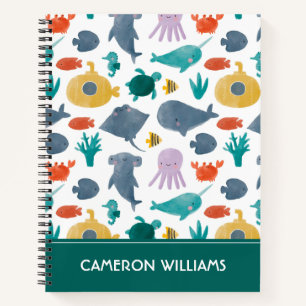 Cute Waterverf Ocean Animals Patroon Notitieboek