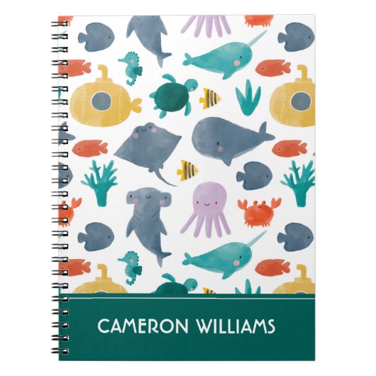Cute Waterverf Ocean Animals Patroon Notitieboek (Voorkant)