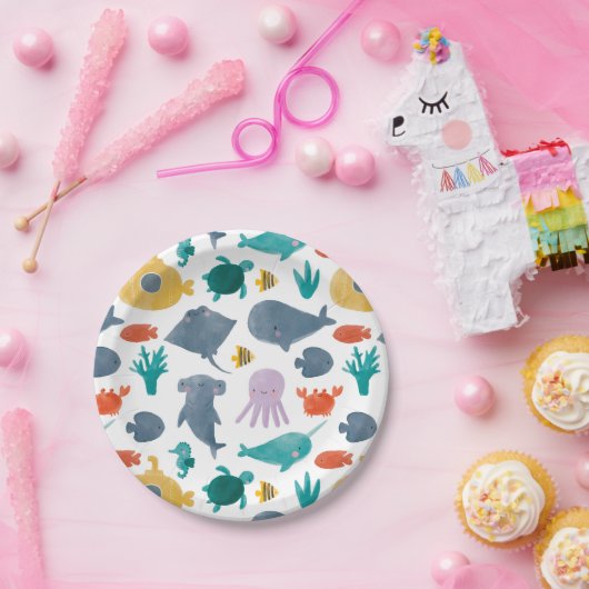 Cute Waterverf Ocean Animals Patroon Papieren Bordje (Feest)