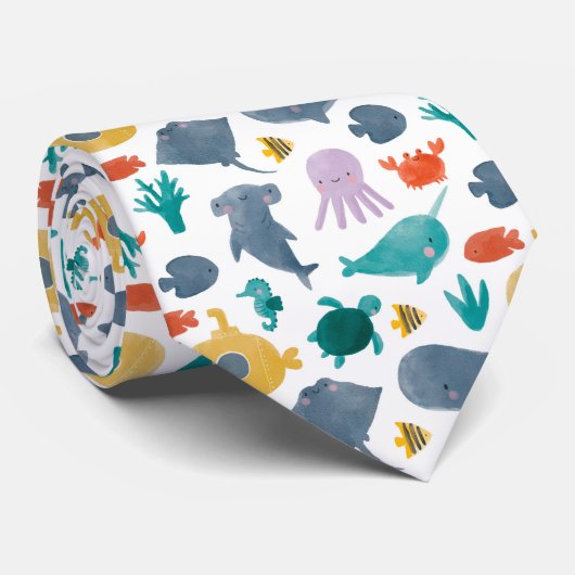 Cute Waterverf Ocean Animals Patroon Stropdas (Opgerold)