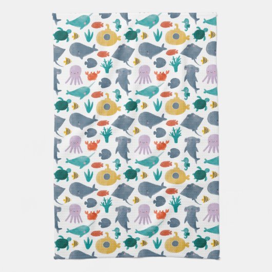 Cute Waterverf Ocean Animals Patroon Theedoek (Verticaal)