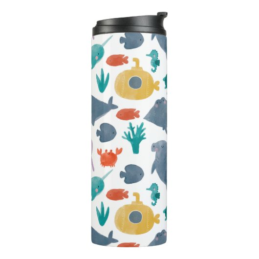 Cute Waterverf Ocean Animals Patroon Thermosbeker (Gedraaid links)