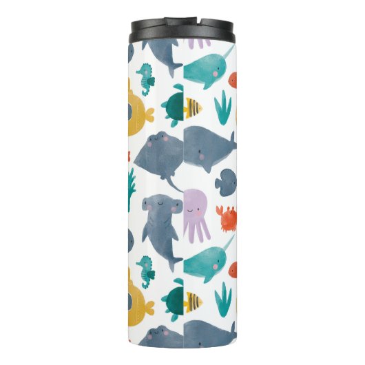 Cute Waterverf Ocean Animals Patroon Thermosbeker (Achterkant)
