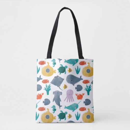 Cute Waterverf Ocean Animals Patroon Tote Bag (Voorkant)