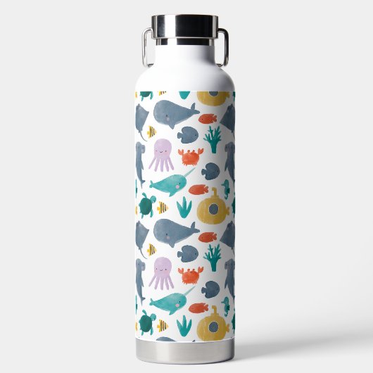 Cute Waterverf Ocean Animals Patroon Waterfles (Voorkant)
