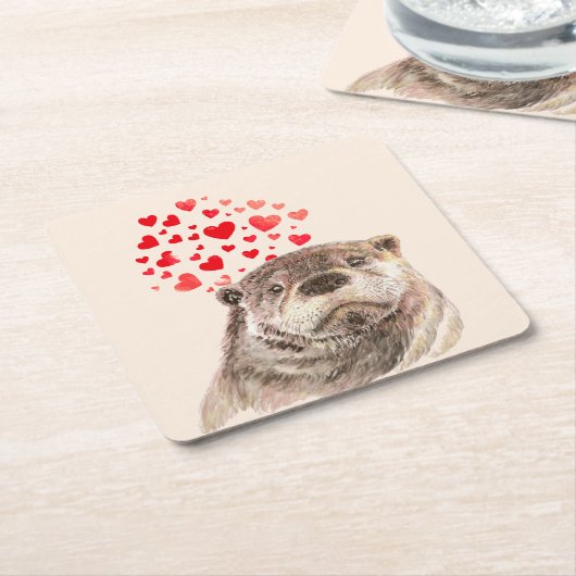 Cute Waterverf Otter Hearts Love Animal Humor Kartonnen Onderzetters (Schuin)