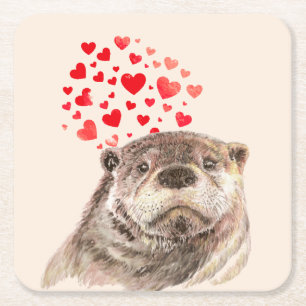 Cute Waterverf Otter Hearts Love Animal Humor Kartonnen Onderzetters