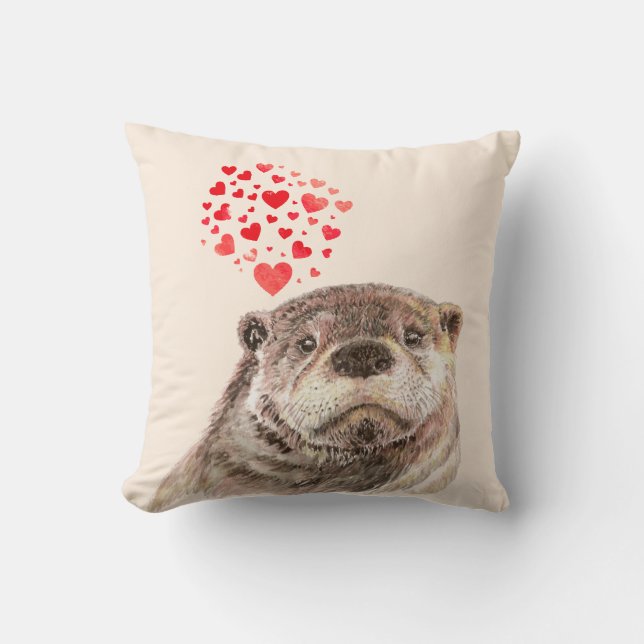 Cute Waterverf Otter Hearts Love Animal Humor Kussen (Voorkant)