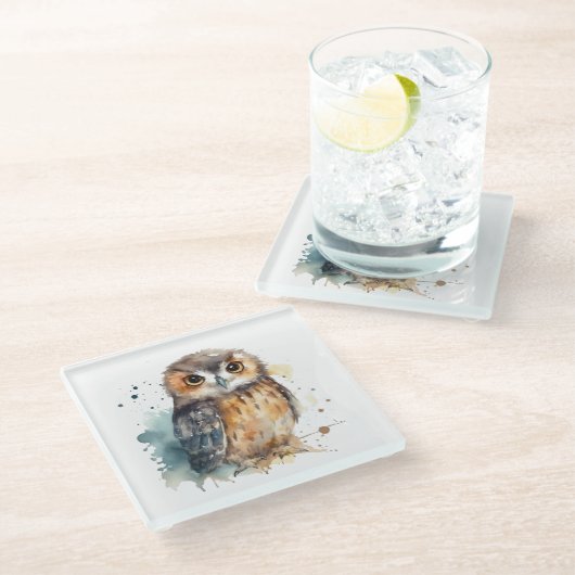 Cute Waterverf Owl Glazen Onderzetter (Schuin)