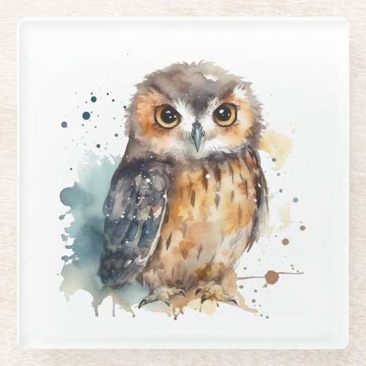 Cute Waterverf Owl Glazen Onderzetter (Voorkant)