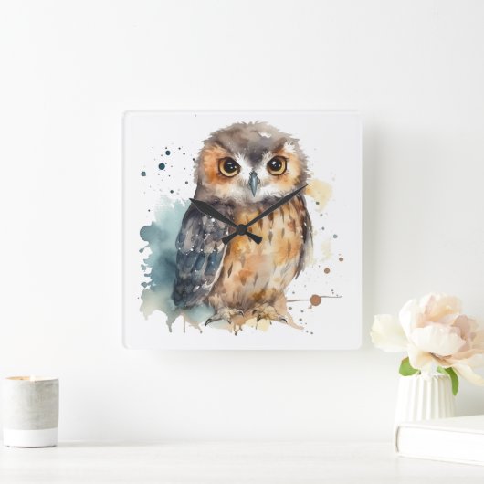 Cute Waterverf Owl Vierkante Klok (Huis)