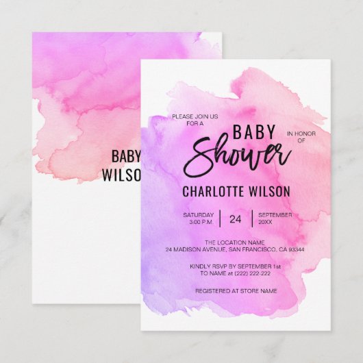 Cute Waterverf Paars Pink Peach Girl Baby shower Kaart (Voorkant / Achterkant)