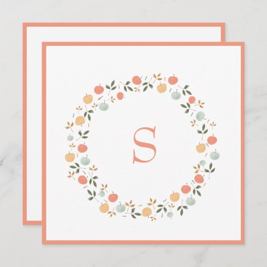 Cute Waterverf Peach Greenery Monogram Card (Voorkant / Achterkant)