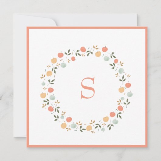 Cute Waterverf Peach Greenery Monogram Card (Voorkant)