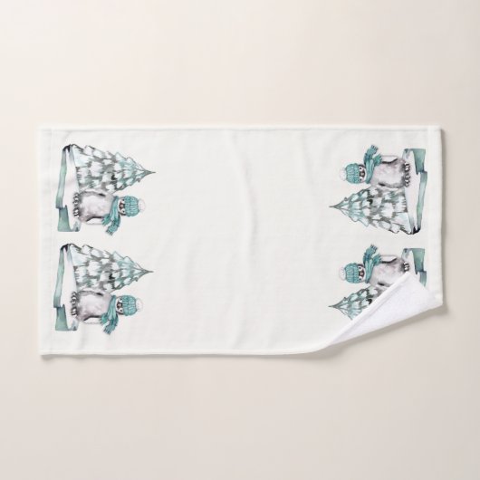 Cute Waterverf Penguin Arctic Snow Pine Tree Bad Handdoek (Handdoek)
