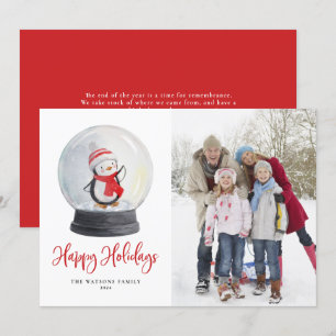 Cute Waterverf Penguin Snow Wereldbol Foto Feestdagenkaart