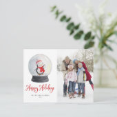 Cute Waterverf Penguin Snow Wereldbol Foto Feestdagenkaart (Staand voorkant)