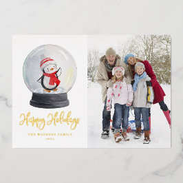 Cute Waterverf Penguin Snow Wereldbol Foto Folie Feestdagenkaart