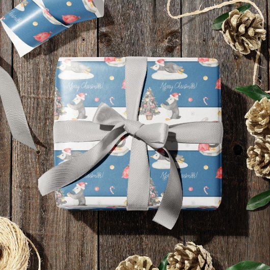 Cute Waterverf Penguins Blue and White Kerstmis Cadeaupapier