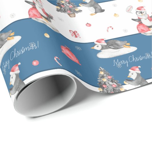 Cute Waterverf Penguins Blue and White Kerstmis Cadeaupapier (Rol Hoek)