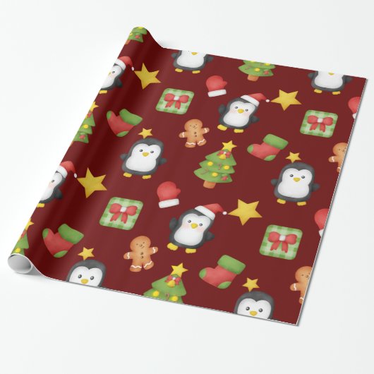 Cute Waterverf Penguins Wrapping Paper Cadeaupapier (Uitgerold)