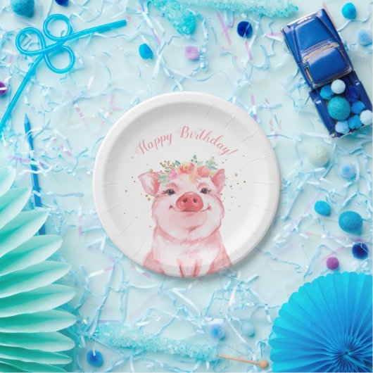 Cute Waterverf Pig Happy Birthday Papieren Bordje (Feest)