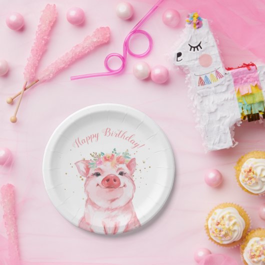 Cute Waterverf Pig Happy Birthday Papieren Bordje (Feest)