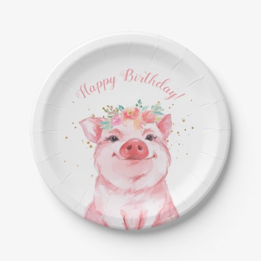 Cute Waterverf Pig Happy Birthday Papieren Bordje (Voorkant)