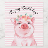 Cute Waterverf Pig Happy Birthday Wijn Etiket (Enkel label)