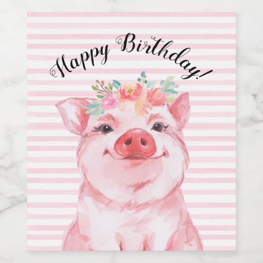 Cute Waterverf Pig Happy Birthday Wijn Etiket (Enkel label)