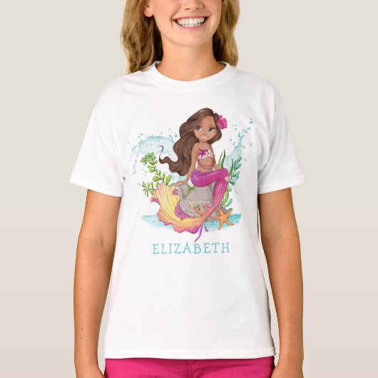 Cute Waterverf Pink Brown Mermaid Birthday T-shirt (Voorkant)