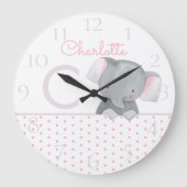 Cute Waterverf Pink Polka Dot Elephant Girly Grote Klok (Voorkant)