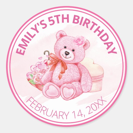 Cute Waterverf Pink Teddy Bear & Flowers Birthday Ronde Sticker (Voorkant)