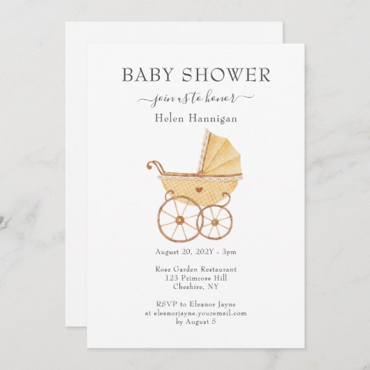 Cute Waterverf  Pram Baby shower nodigt uit Kaart (Voorkant / Achterkant)