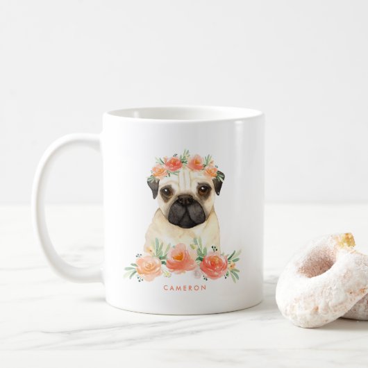 Cute Waterverf Pug Peach Floral Personalized Koffiemok (Met donut)