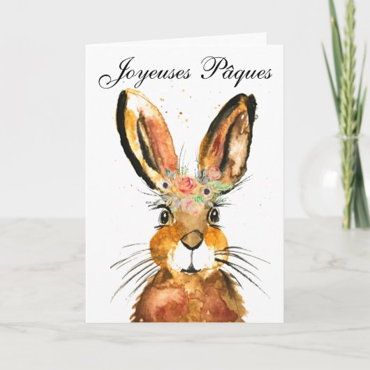 Cute Waterverf Rabbit Bunny Hare Easter Floral Bedankkaart (Voorkant)