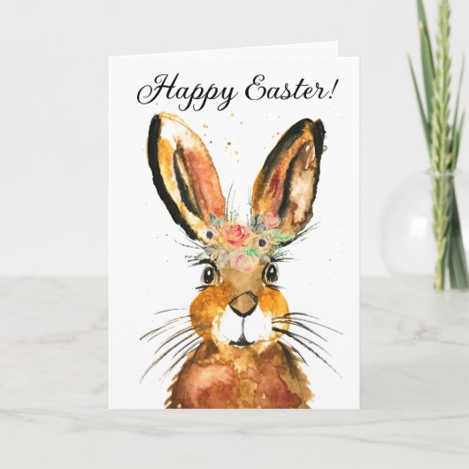 Cute Waterverf Rabbit Bunny Hare Easter Floral Bedankkaart (Voorkant)