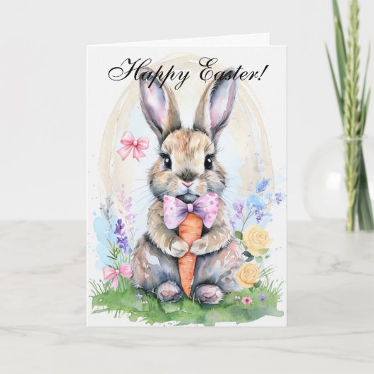 Cute Waterverf Rabbit Bunny Hare Easter Floral Bedankkaart (Voorkant)