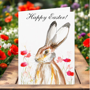 Cute Waterverf Rabbit Bunny Hare Easter Floral Bedankkaart