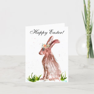 Cute Waterverf Rabbit Bunny Hare Easter Floral Bedankkaart