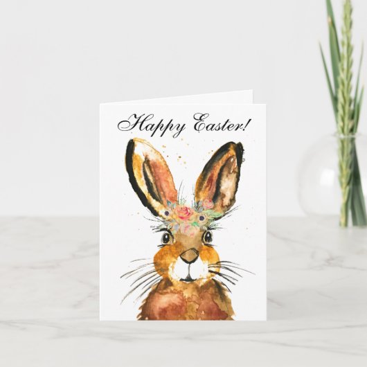Cute Waterverf Rabbit Bunny Hare Easter Floral Bedankkaart (Voorkant)
