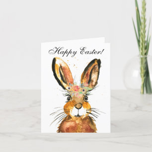 Cute Waterverf Rabbit Bunny Hare Easter Floral Bedankkaart
