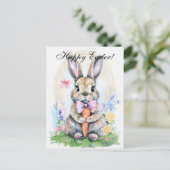 Cute Waterverf Rabbit Bunny Hare Easter Floral Briefkaart (Staand voorkant)