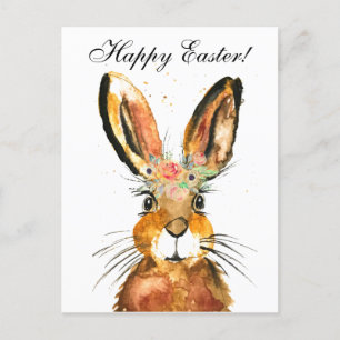 Cute Waterverf Rabbit Bunny Hare Easter Floral Briefkaart