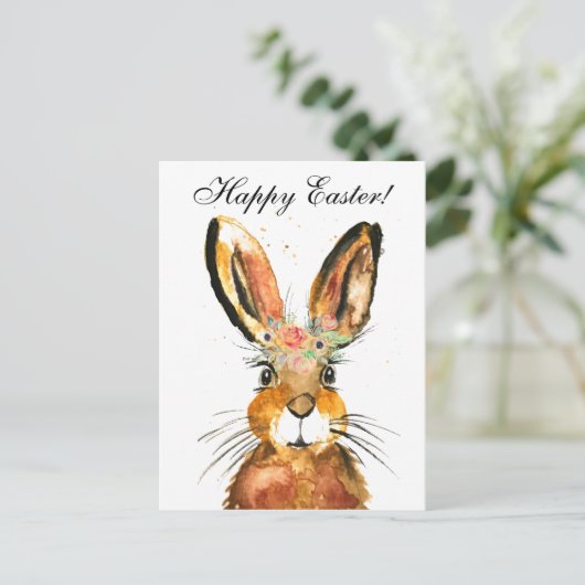 Cute Waterverf Rabbit Bunny Hare Easter Floral Briefkaart (Staand voorkant)