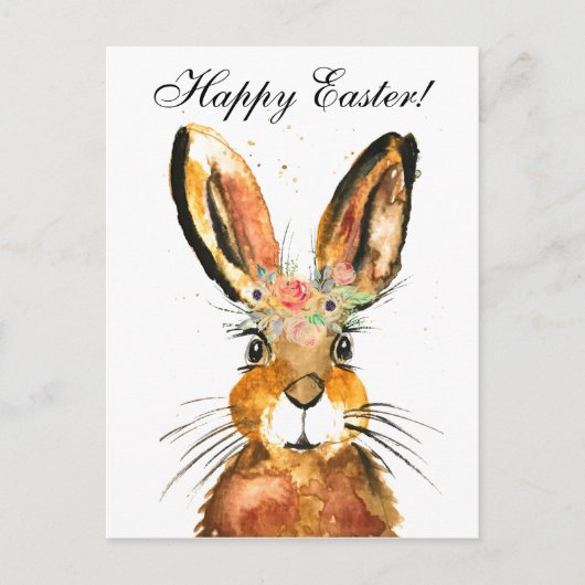 Cute Waterverf Rabbit Bunny Hare Easter Floral Briefkaart (Voorkant)