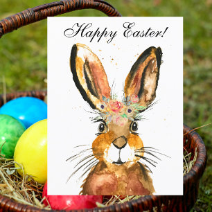 Cute Waterverf Rabbit Bunny Hare Easter Floral Briefkaart