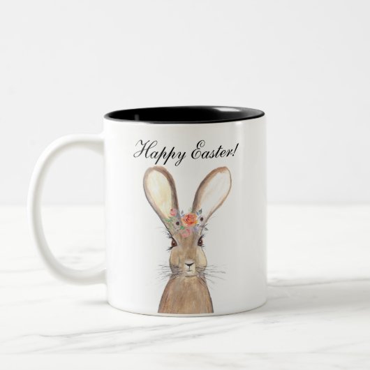 Cute Waterverf Rabbit Bunny Hare Easter Floral Tweekleurige Koffiemok (Links)