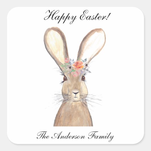 Cute Waterverf Rabbit Bunny Hare Easter Floral Vierkante Sticker (Voorkant)