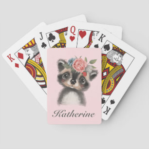 Cute Waterverf Raccoon Pink Floral Pokerkaarten